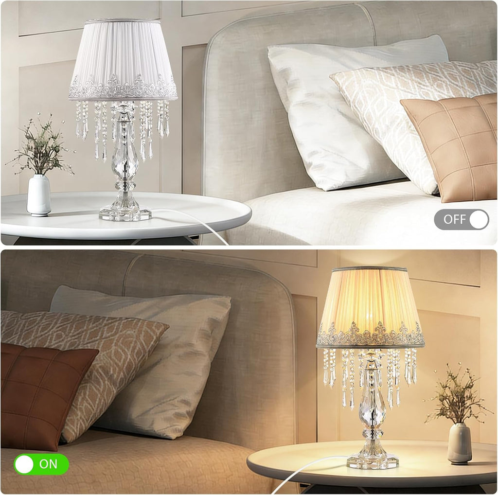 Crystal Bedside Table Lamp, Dimmable Table Lamp Set of 2 with Ruched Fabric Lampshade, Elegant Plug-in Chandelier Nightstand Lamp for Living Room Girls Room, W 12.6' X H 22.8'