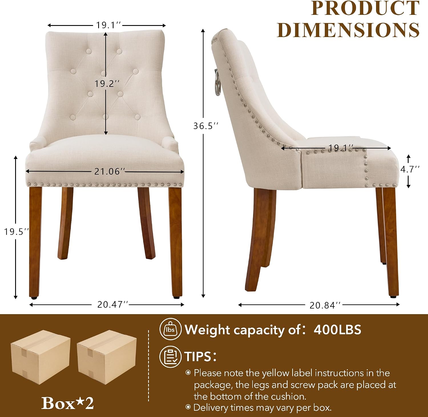 adochr Dining Chairs Set of 4, Upholstered Fabric Dining Room Chairs with Nailhead High Back & Ring Pull & Wooden Legs, Mid-Century Modern Kitchen Chairs for Restaurant, Living Room, Beige