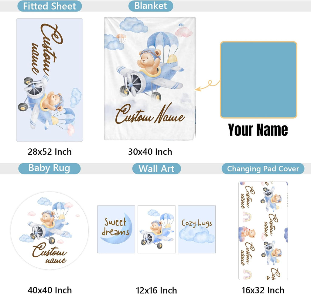 Personalized Baby Bedding Set, 5 Pcs Custom Baby Crib Sets with Name, Bear Pilot Toddler Bedding Set for Baby Girls Boys, Double Layer Nursery Bedding Set, Customized Gifts for Infants Kids