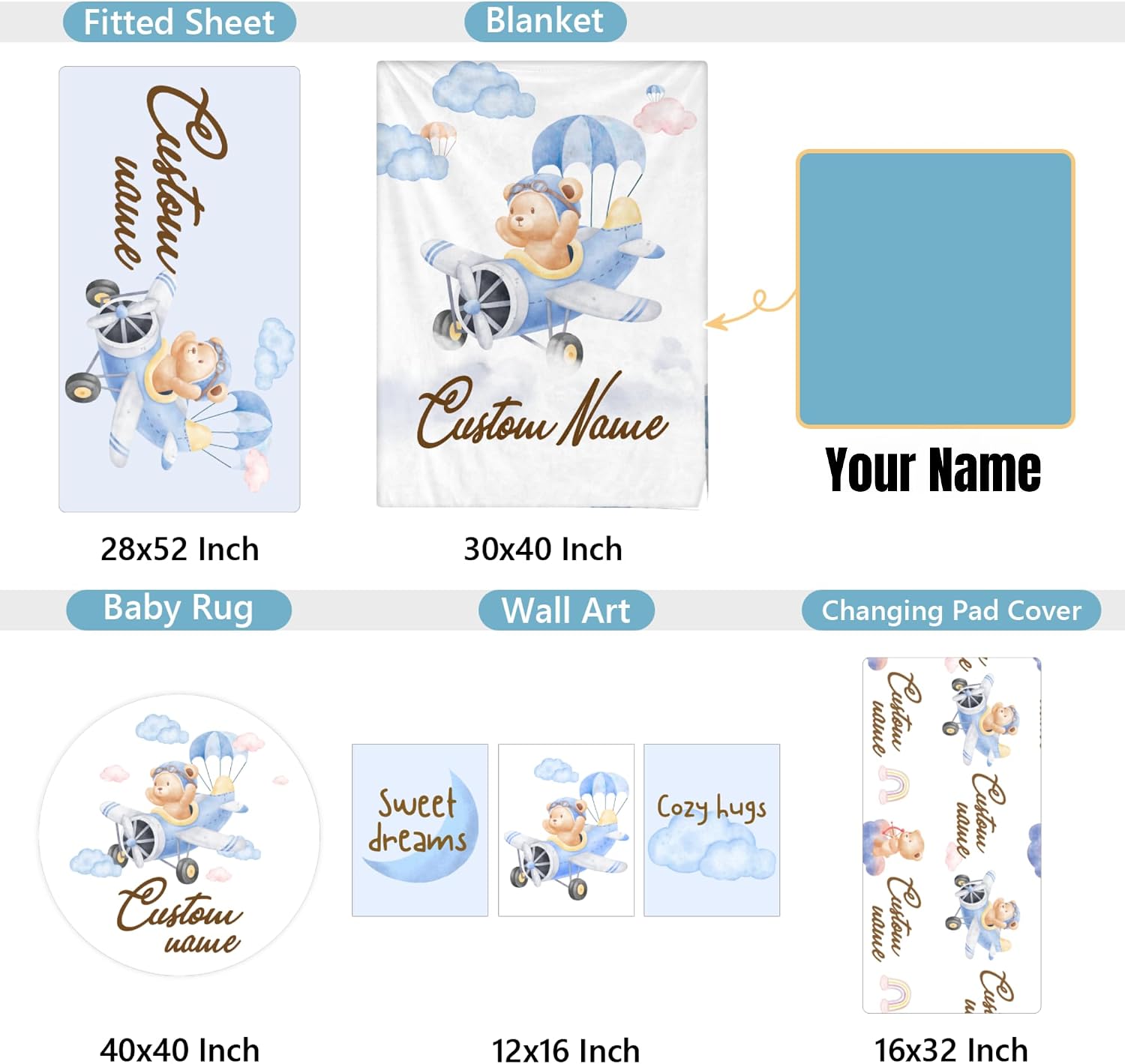 Personalized Baby Bedding Set, 5 Pcs Custom Baby Crib Sets with Name, Bear Pilot Toddler Bedding Set for Baby Girls Boys, Double Layer Nursery Bedding Set, Customized Gifts for Infants Kids