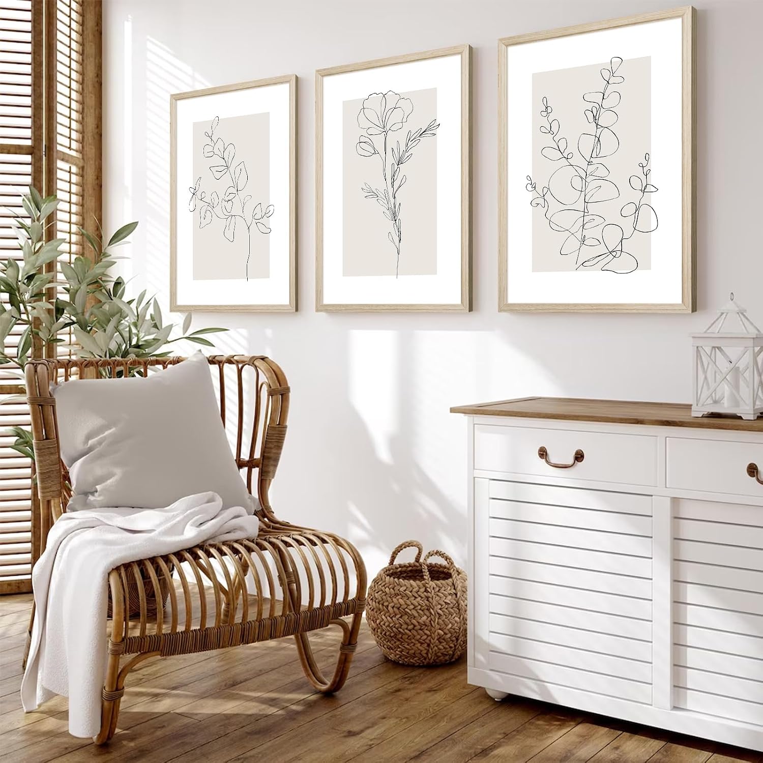 Neutral Botanical Prints Wall Art Flower Minimalist Canvas Wall Decor Vintage Line Wall Art Floral Plant Painting Pictures Beige Boho Artwork Farmhouse Poster for Bedroom 24x36x3 Inch Wood Framed