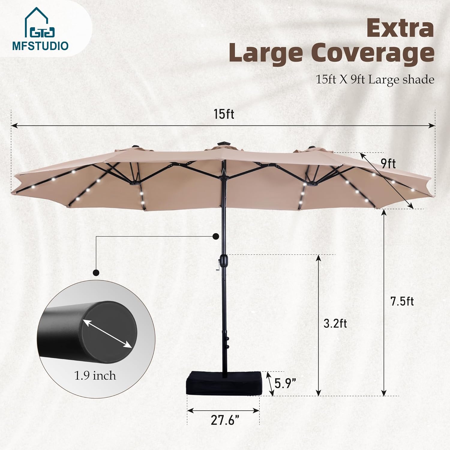 MFSTUDIO 15ft Double Sided Patio Umbrella with Solar Lights, Outdoor Large Umbrellas with Crank Handle and 36 LED Lights, Rectangular Market Umbrella with Base Included for Deck Pool Shade, Beige