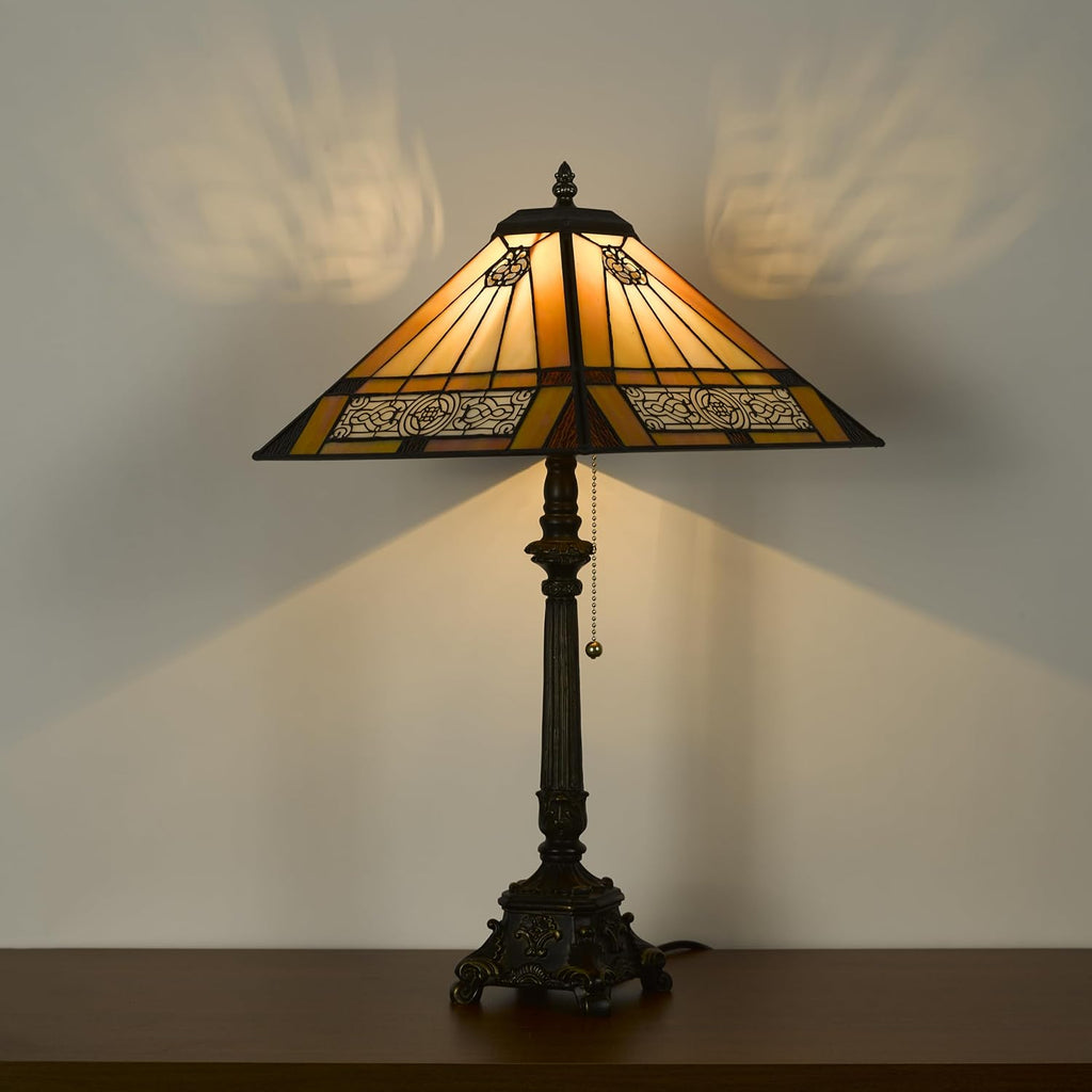 Tiffany Table Lamps Yellow Stained Glass Striped Checkered Style Mission Desk Lamp 12X12X24 Inch Bronze Resin Base