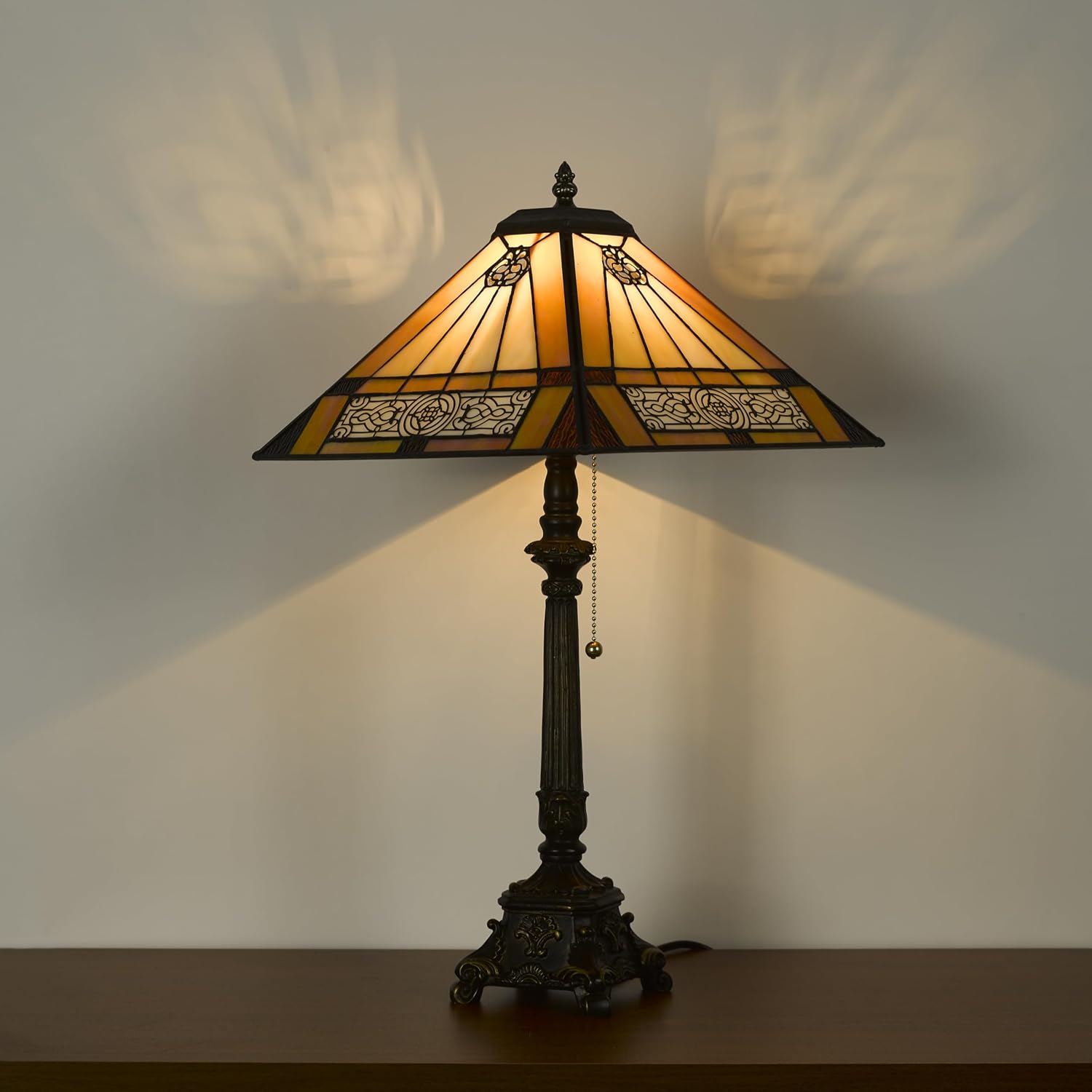 Tiffany Table Lamps Yellow Stained Glass Striped Checkered Style Mission Desk Lamp 12X12X24 Inch Bronze Resin Base