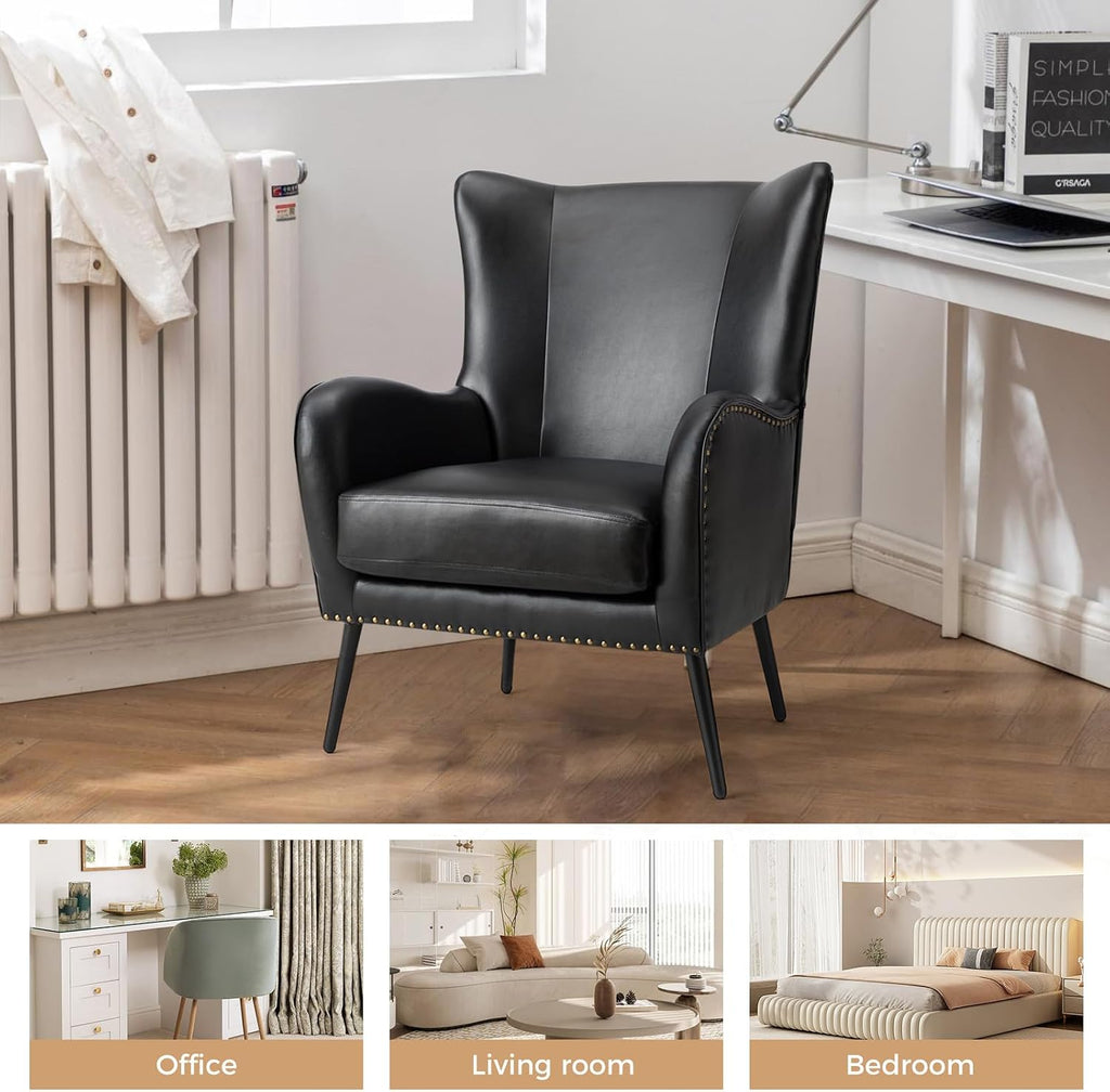 HULALA HOME Faux Leather Accent Chair Set of 2 with Removable Cushion, Comfy Upholstered Armchair with Metal Legs & Nailhead Trim Wingback Vanity Chair for Reading Living Room Bedroom, Black