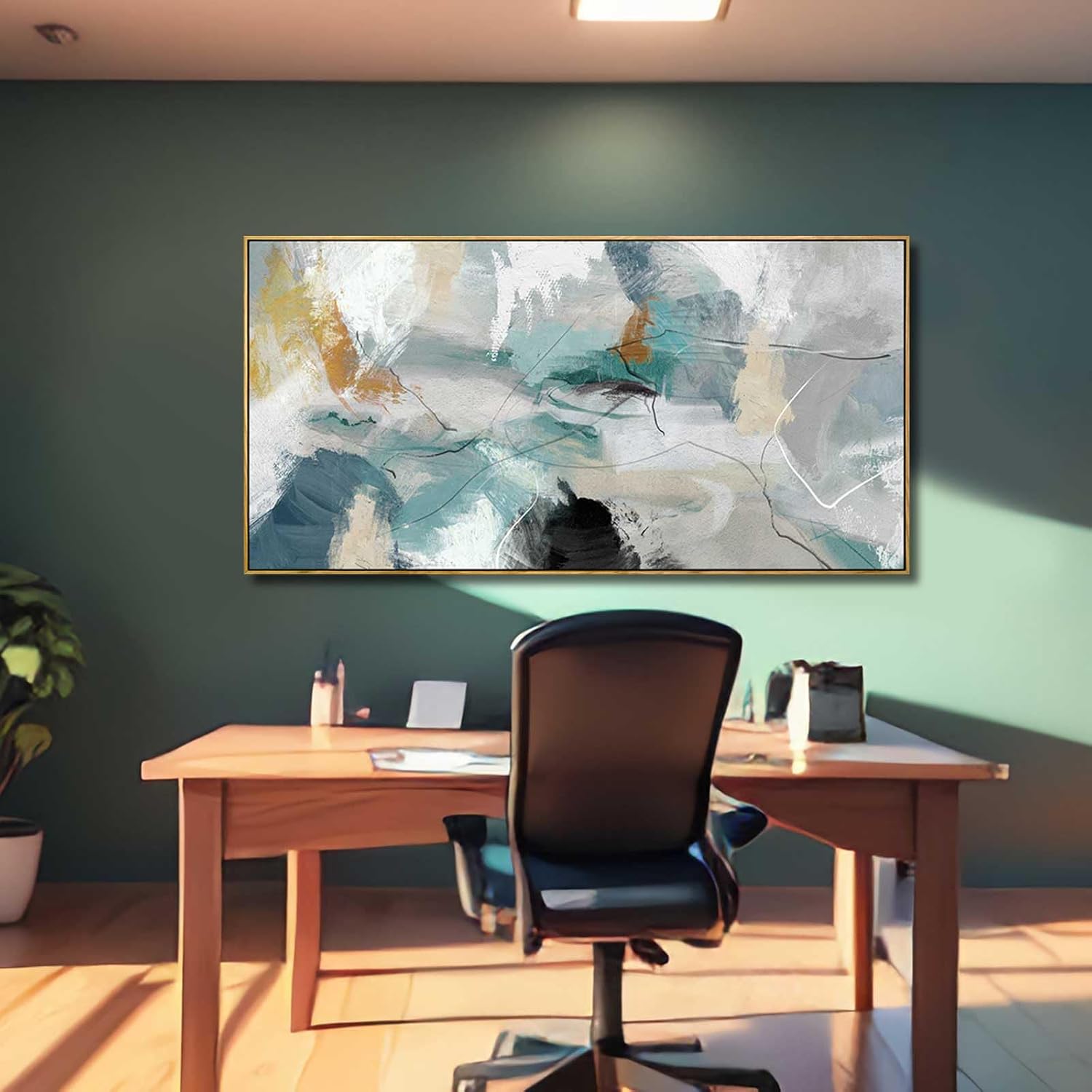 Wall Art Living Room Decorations 24'x48' Teal Wall Art Abstract Paintings Modern Framed Art Room Decor for Bedroom Kitchen Office