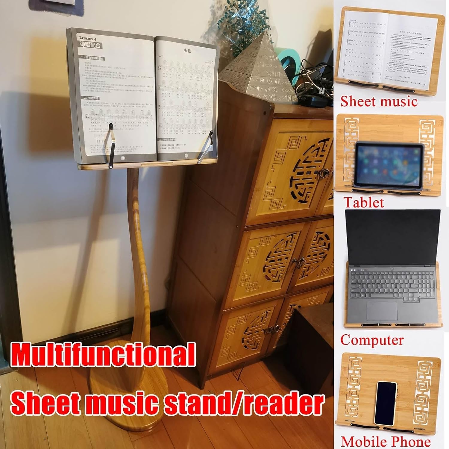 Wooden Sheet Music Stand, Professional Music Book Holder, 2 in 1 Dual Use, Violin Music Stand, Natural Bamboo, Wood Station for Conductors, S-Shaped, Stabilise, Adjustable