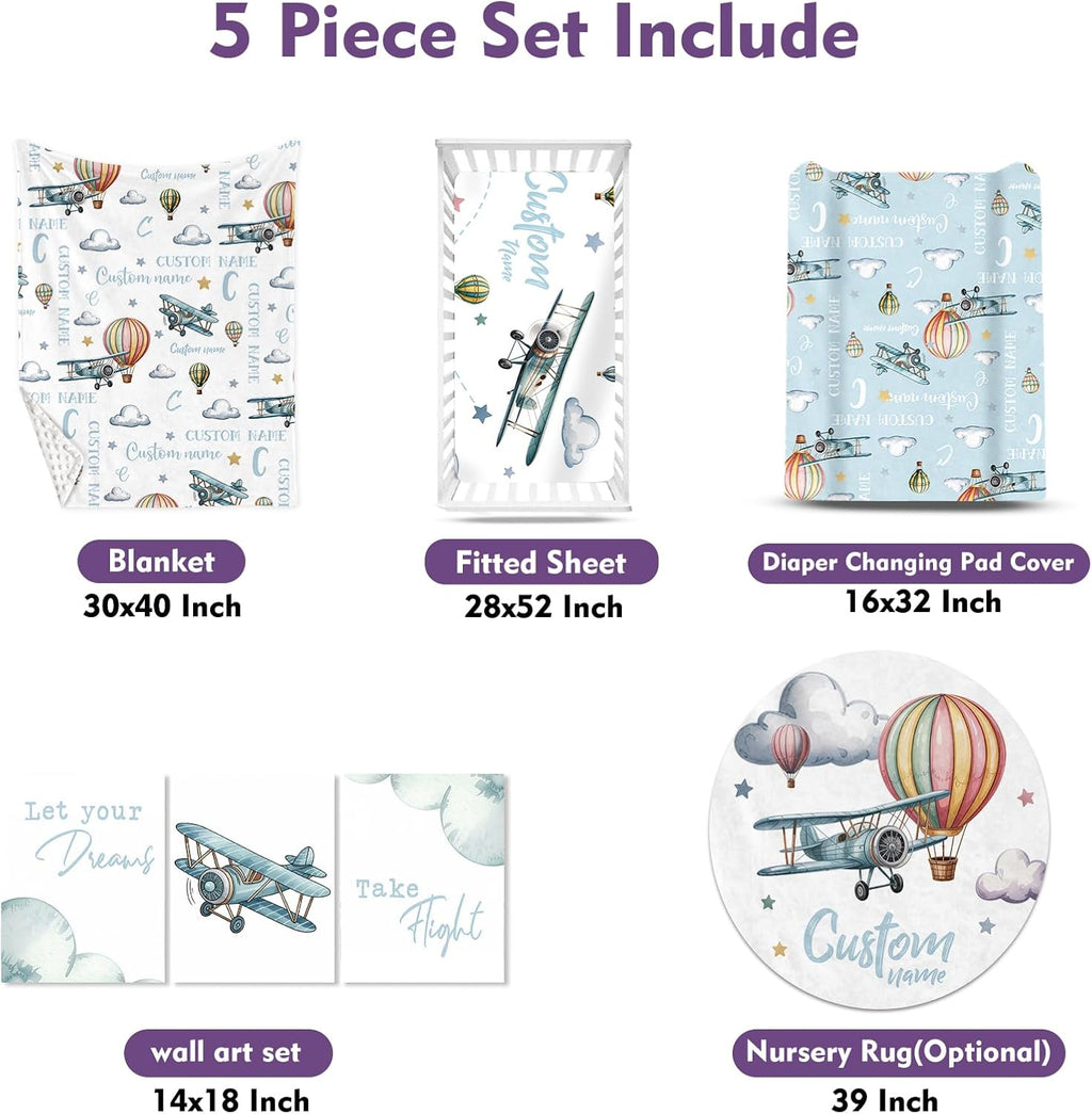 Personalized Crib Bedding Set for Baby Boys, Custom Name Baby Crib Sets 5-Pcs Include Toddler Double Layer Blanket Fitted Sheet Changing Pad Cover Rug Wall Art Set, Airplane Cloud Design Nursery Décor