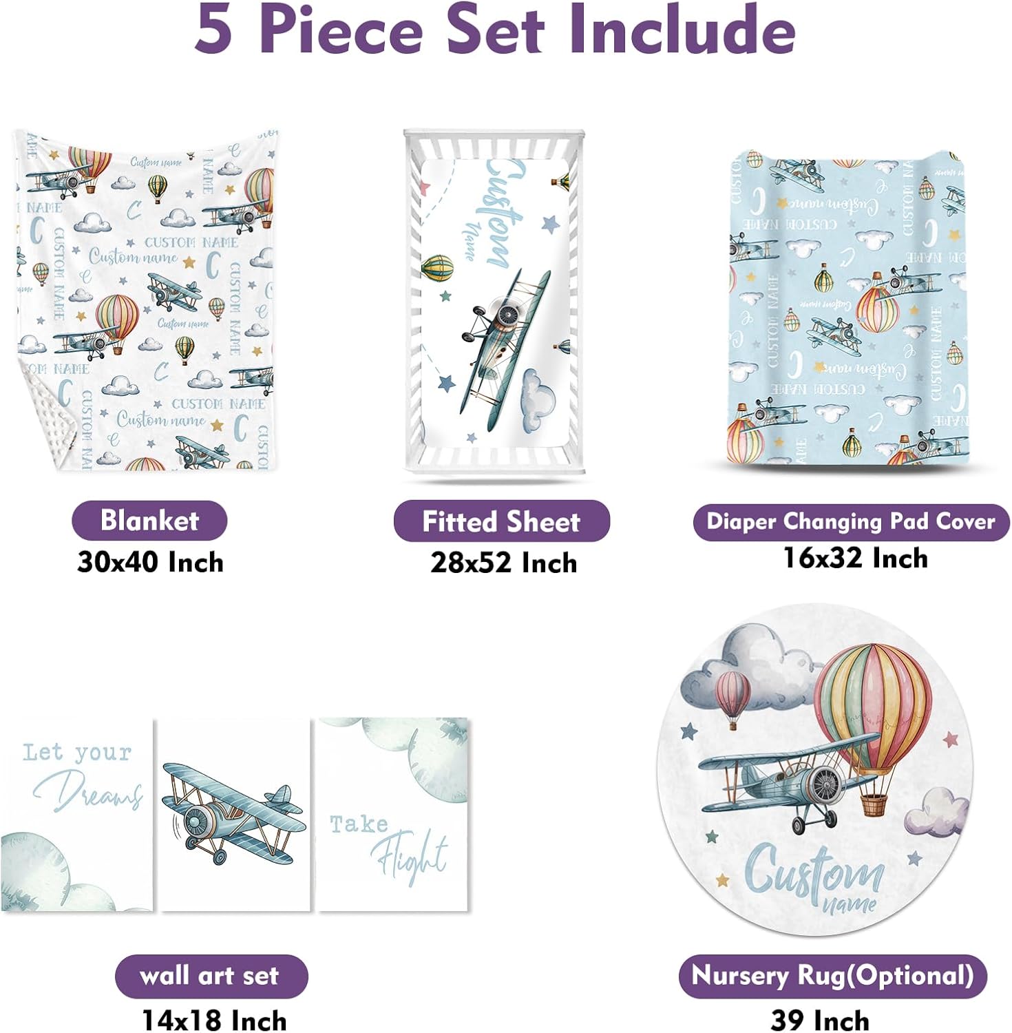 Personalized Crib Bedding Set for Baby Boys, Custom Name Baby Crib Sets 5-Pcs Include Toddler Double Layer Blanket Fitted Sheet Changing Pad Cover Rug Wall Art Set, Airplane Cloud Design Nursery Décor