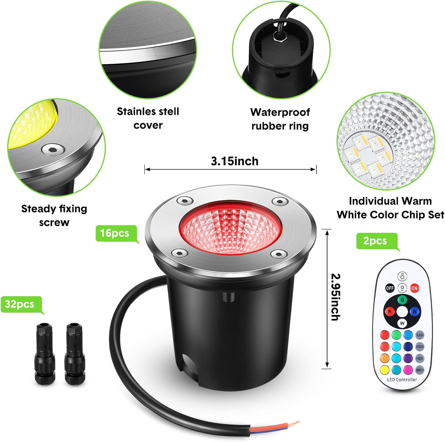 Tuanse 16 Pack Low Voltage Landscape Lights with 32 Connectors and 2 Remotes, RGBW Colored LED Well Lighting 12V-24V Waterproof Outdoor In Ground Lights for Garden Pathway Deck