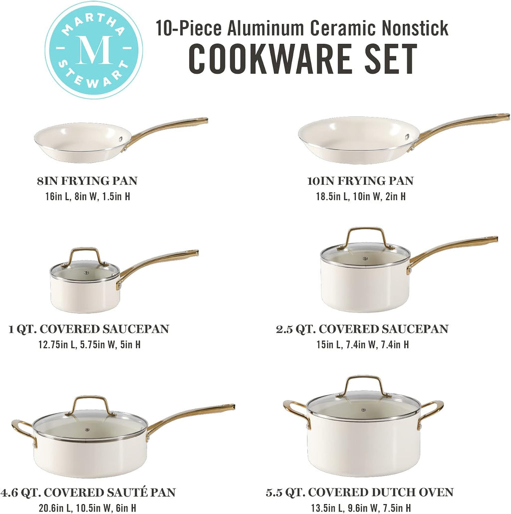 Martha Stewart Lockton Premium Non stick Non Toxic PFA Free Ceramic Interior 10 Piece Heavy Gauge Enamel Aluminum Pots and Pans Cookware Set - Linen White w/Gold Handle