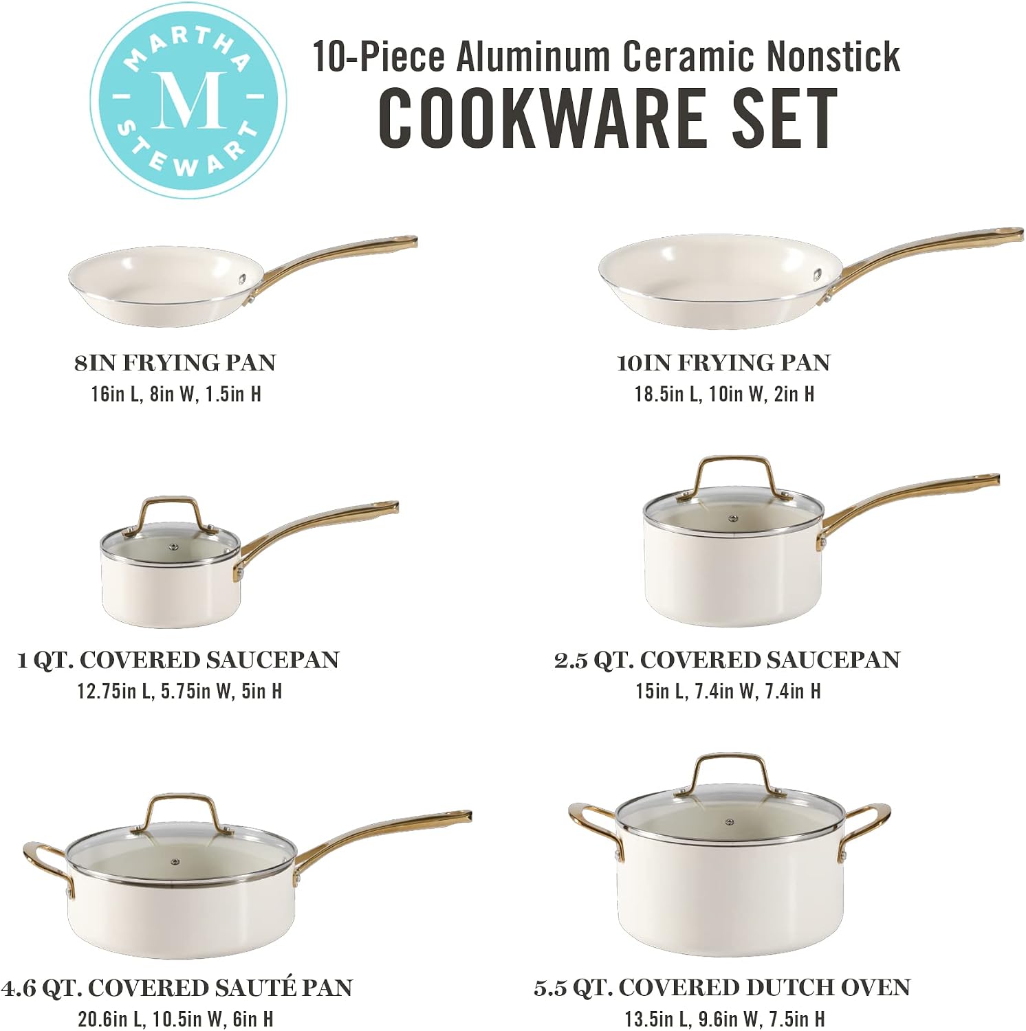Martha Stewart Lockton Premium Non stick Non Toxic PFA Free Ceramic Interior 10 Piece Heavy Gauge Enamel Aluminum Pots and Pans Cookware Set - Linen White w/Gold Handle