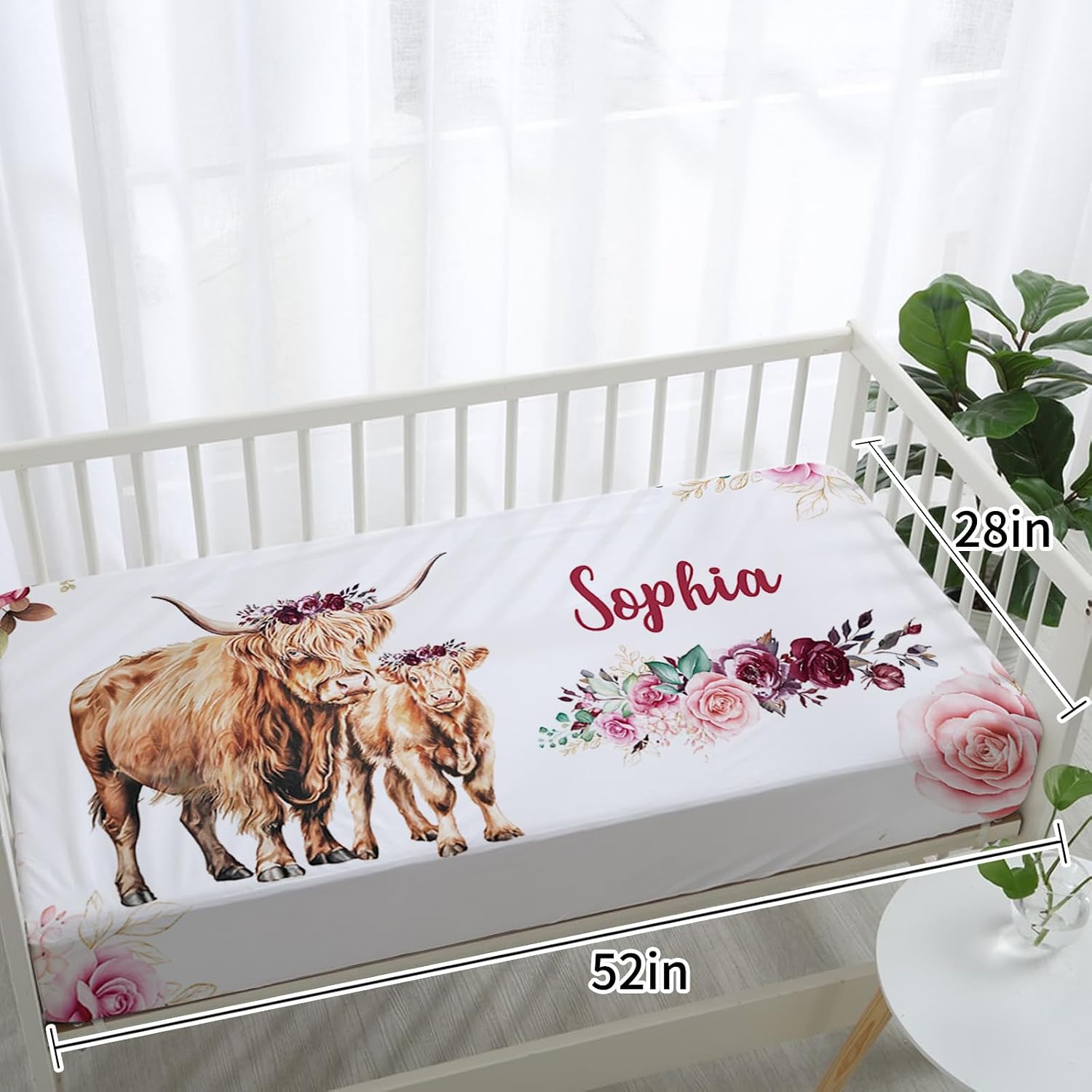 TOOTANN Custom Baby Crib Bedding Set, 5 Pcs Personalized Name Baby Crib Sheets for Kid Toddler Infant, Highland Cow Mother and Calf Nursery Bedding Set