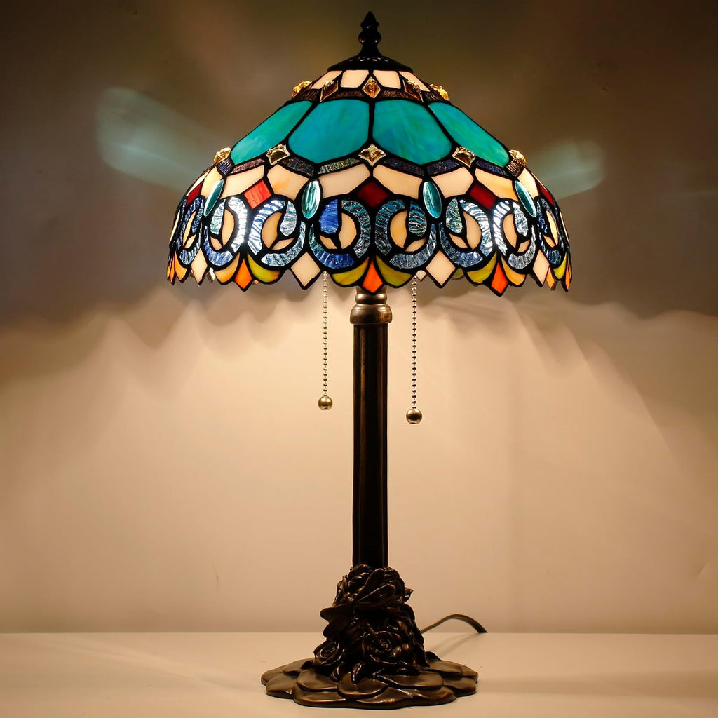 Table Lamp Stained Glass Desk Lamp 12X12X21Inch Resin Base for Bedroom Living Room Reading Light (Blue Jewelry Baroque)