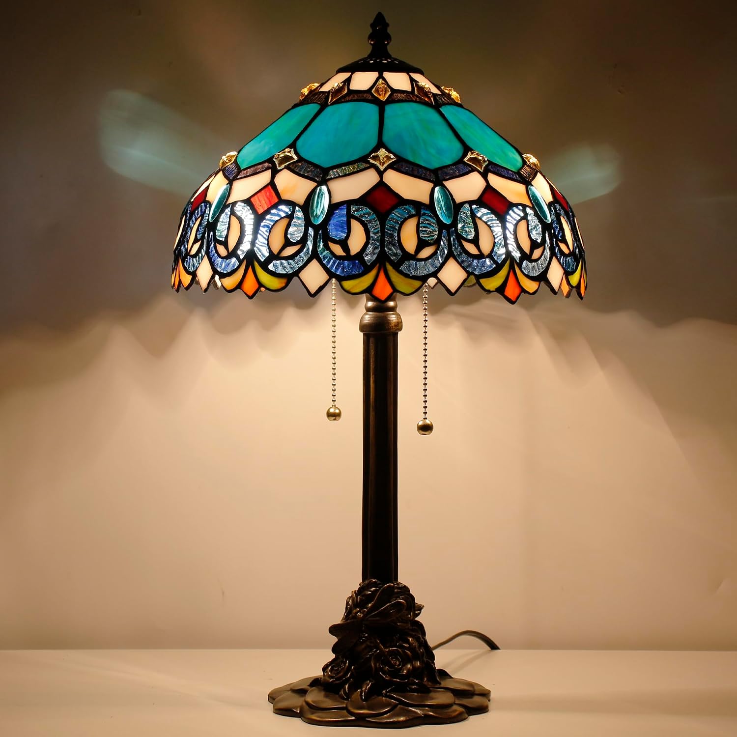 Table Lamp Stained Glass Desk Lamp 12X12X21Inch Resin Base for Bedroom Living Room Reading Light (Blue Jewelry Baroque)
