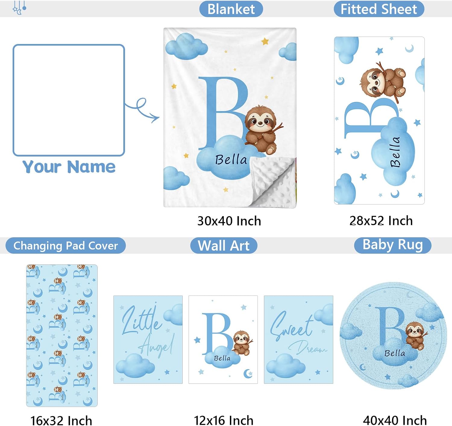 KAINSY Custom Crib Bedding Set, 5 Pcs Personalized Name Monogram Baby Crib Sets for Infants Toddlers, Blue Sloth Nursery Bedding Set for Boys Girls, Double Layer Baby Bedding Sets Customized Gifts