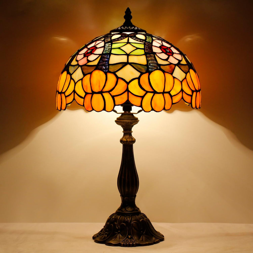 Tiffany Lamp Touch Control Table Lamp Orange Flower Style Stained Glass 12×12×19 Inches Desk Reading Light Bedroom Office