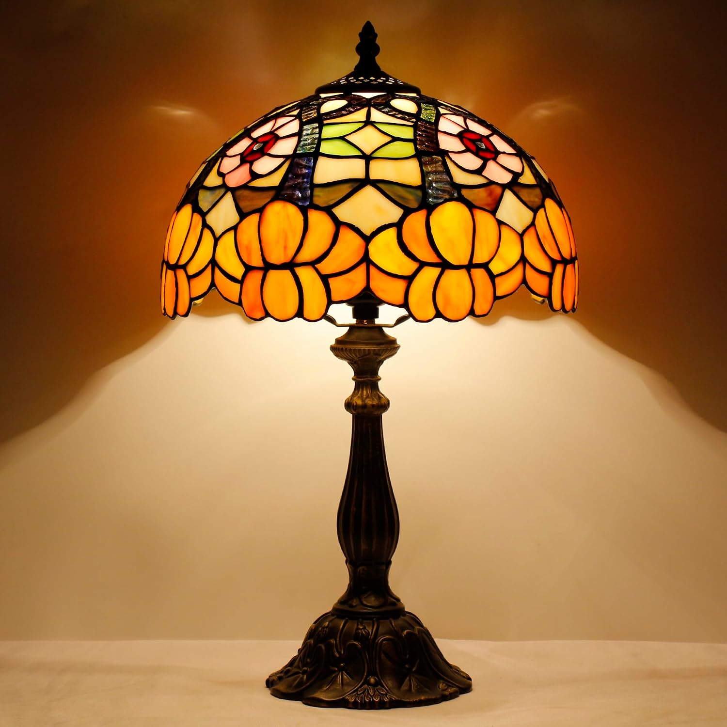 Tiffany Lamp Touch Control Table Lamp Orange Flower Style Stained Glass 12×12×19 Inches Desk Reading Light Bedroom Office