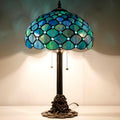 Tiffany Table Lamp Stained Glass Desk Lamp 12X12X21Inch Resin Base for Bedroom Living Room Reading Light (Sea Blue Pearl)