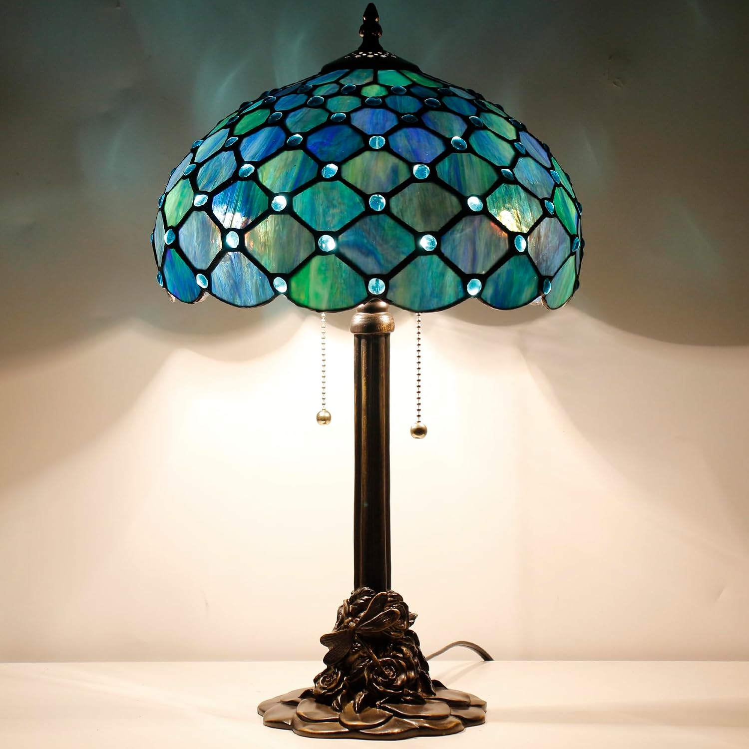 Tiffany Table Lamp Stained Glass Desk Lamp 12X12X21Inch Resin Base for Bedroom Living Room Reading Light (Sea Blue Pearl)