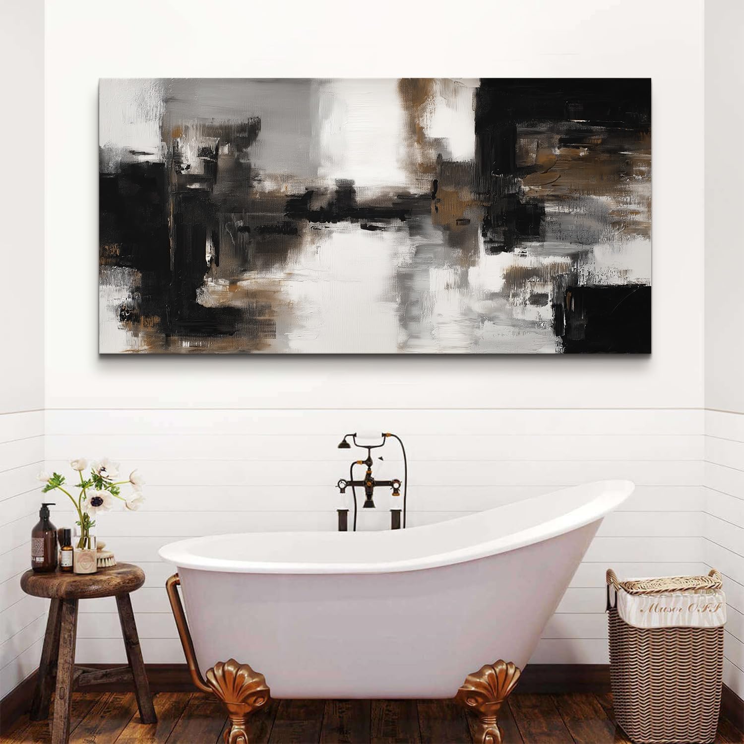 Extra Large Black and White Gray Abstract Canvas Wall Art Mid Century Modern Living Room Decor Abstract Black Grey Stroke Ink Painting Prints Poster Graffiti Artwork Home Office Decorations 75x147cm
