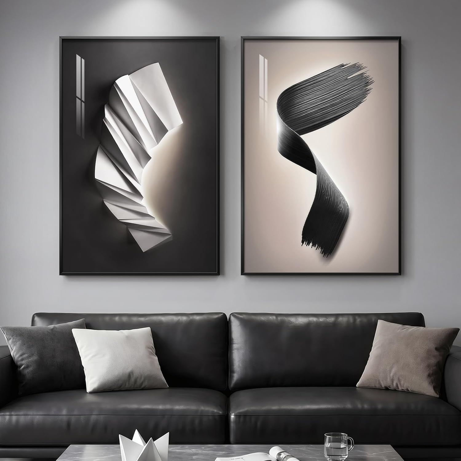 Large Framed Modern Black and White Wall Art for Living Room, Set of 2 Abstract Geometric Pictures Print Paintings, Luxury Bright Style Artwork for Bedroom Dining Room Hallway Wall Decor, 24x36 Inch