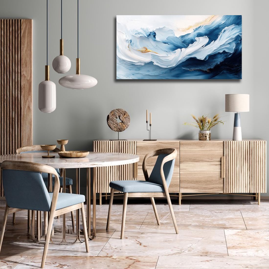 RUIFENGL Blue White Gold Abstract Canvas Prints Wall Art for Living Room Office Decor Blue and White Gold Artwork Paintings Pictures for Bedroom Bathroom Home Office Wall Decoration 29'x58' Xlarge