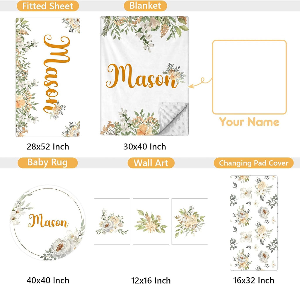 Terwex Custom Baby Crib Set - 5 Pcs Personalized Name Flowers Crib Bedding Set for Infants Toddlers - Soft Double Layer Nursery Bedding Set for Girls Boys - Customized Gifts for Baby Shower Birthday