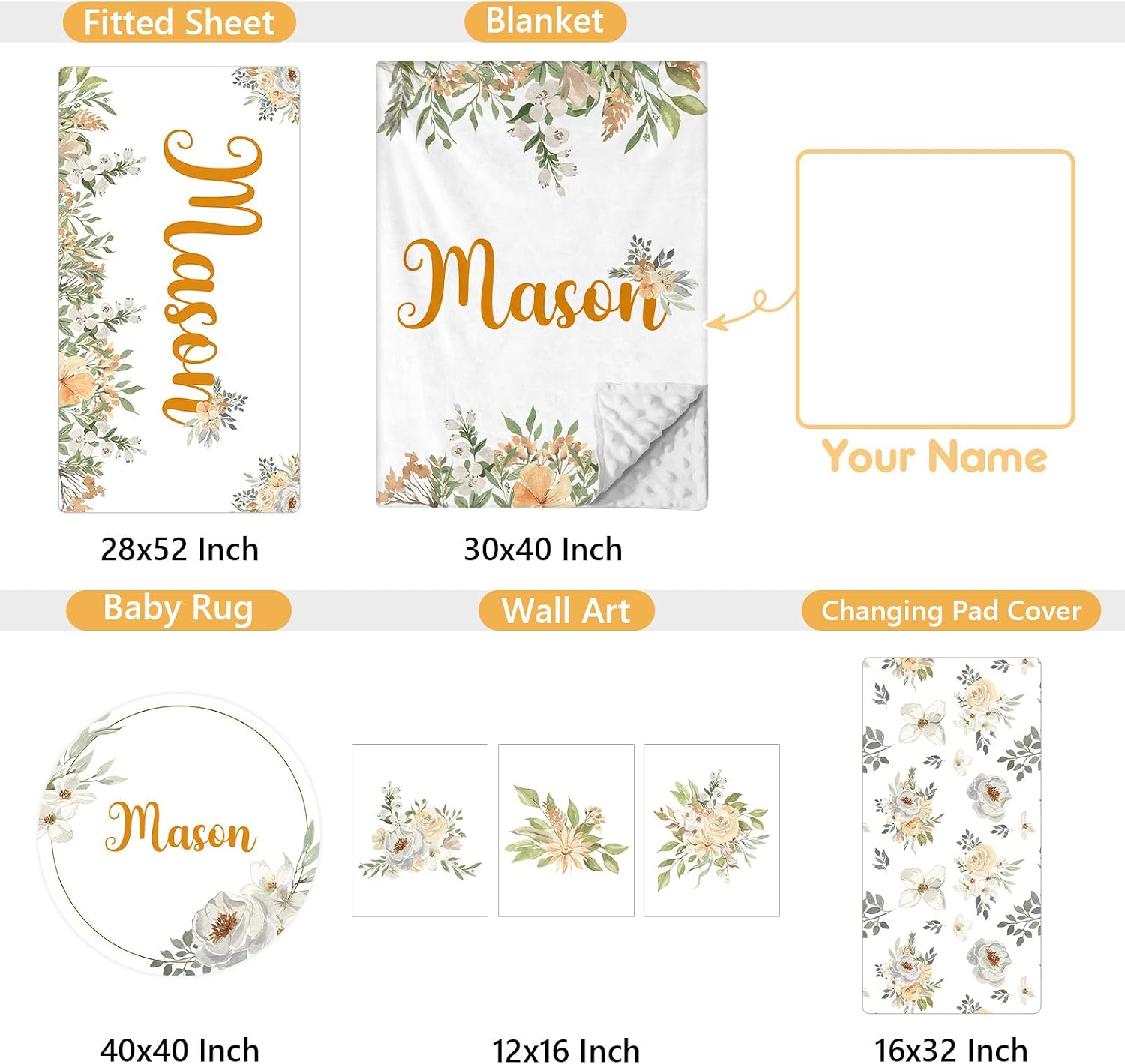 Terwex Custom Baby Crib Set - 5 Pcs Personalized Name Flowers Crib Bedding Set for Infants Toddlers - Soft Double Layer Nursery Bedding Set for Girls Boys - Customized Gifts for Baby Shower Birthday