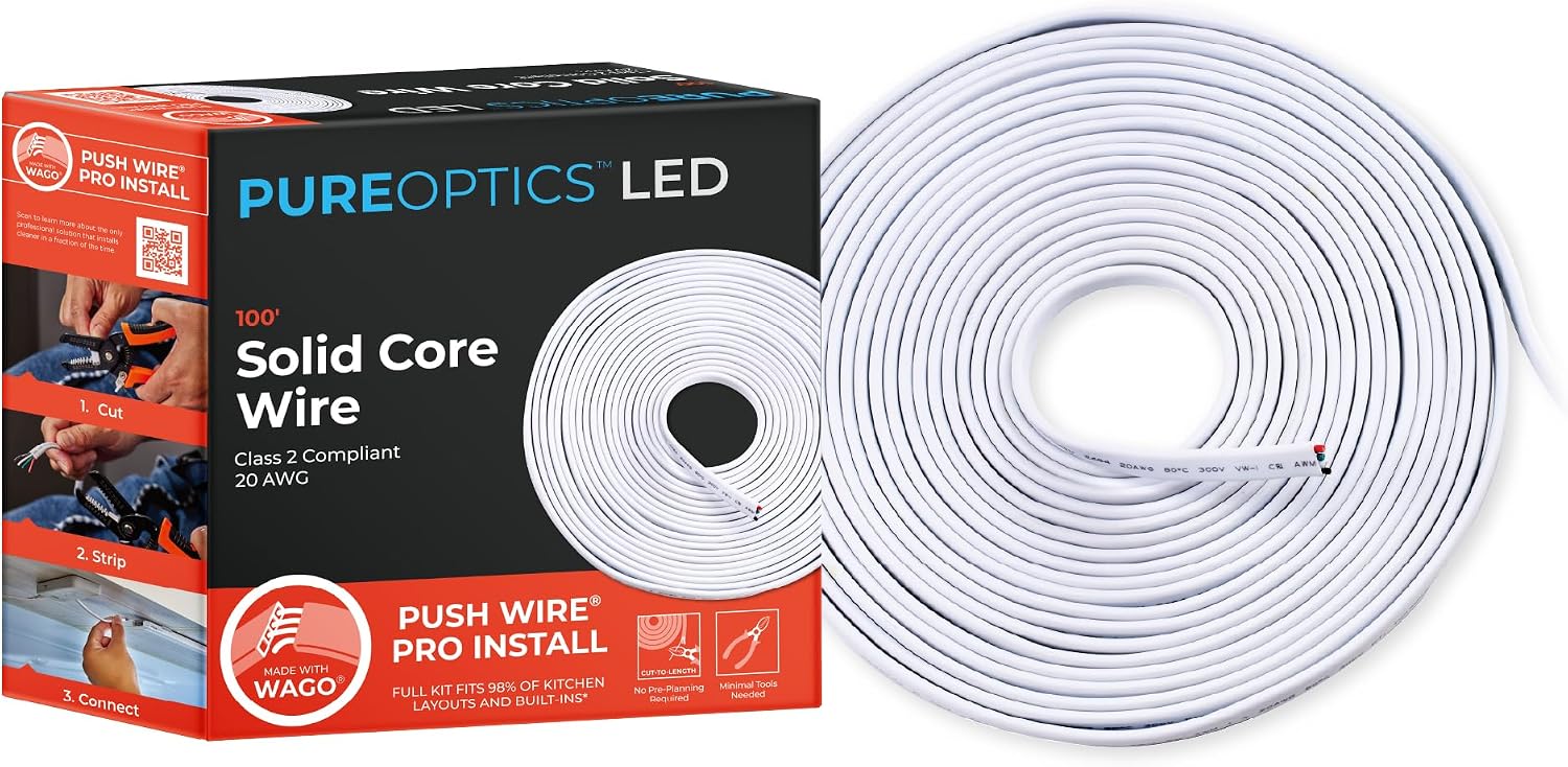 PureOptics LED Professional Push Wire 100' Jumper Wire Spool for Under Cabinet Lighting, Flat 5/6' or 8mm Cable, 4-Core CL2 Compliant, Non-Metallic, White