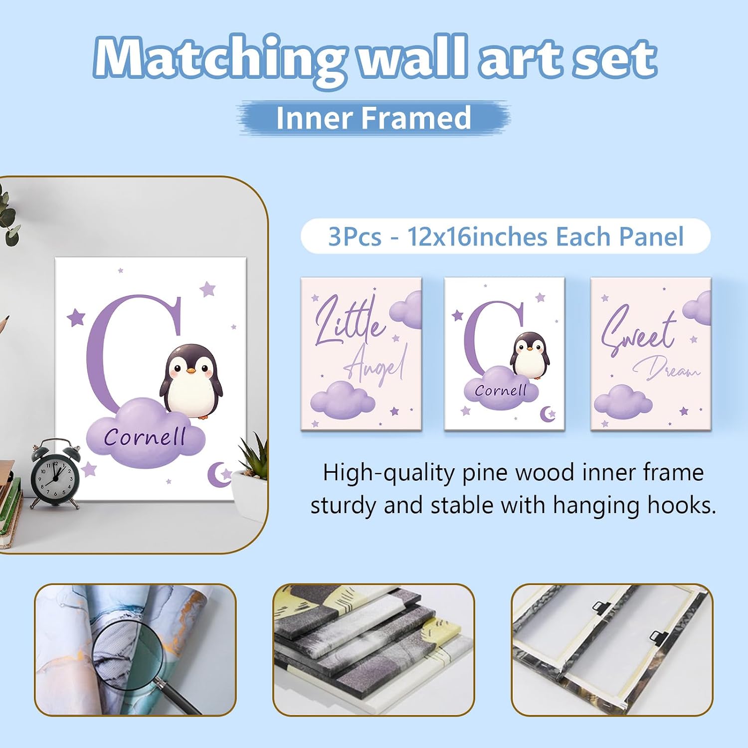 KAINSY Custom Crib Bedding Set, 5 Pcs Personalized Name Monogram Baby Crib Sets for Infants Toddlers, Purple Penguin Nursery Bedding Set for Boys Girls, Double Layer Baby Bedding Sets Customized Gifts