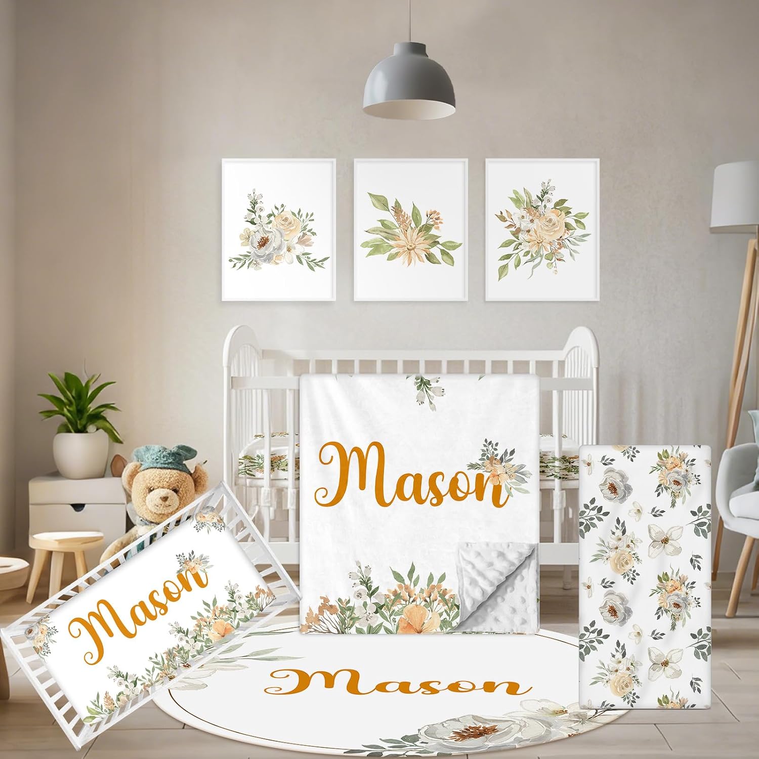 Terwex Custom Baby Crib Set - 5 Pcs Personalized Name Flowers Crib Bedding Set for Infants Toddlers - Soft Double Layer Nursery Bedding Set for Girls Boys - Customized Gifts for Baby Shower Birthday