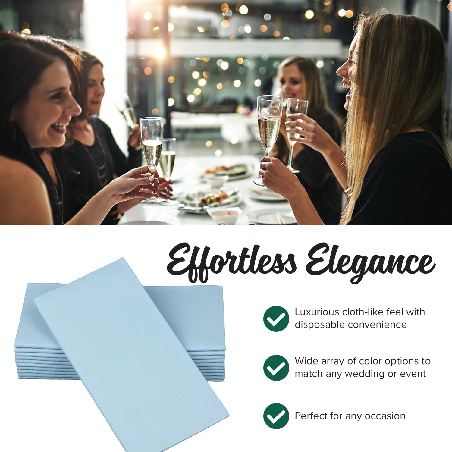 SimuLinen Light Blue Linen Feel Disposable Dinner Napkins - Cloth-Like Kosher Napkins for Celebrations, Weddings, and Showers, 16'x16', Box of 300