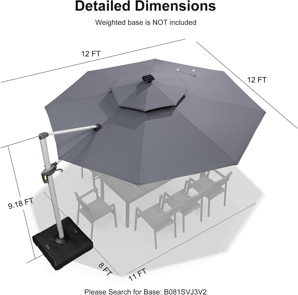 PURPLE LEAF 12ft Solar powered LED Patio Umbrella Outdoor Round Umbrella Large Cantilever Umbrellas with LED lights Windproof Offset Umbrellas Heavy Duty Sun Umbrella for Garden Deck Pool Patio, Grey