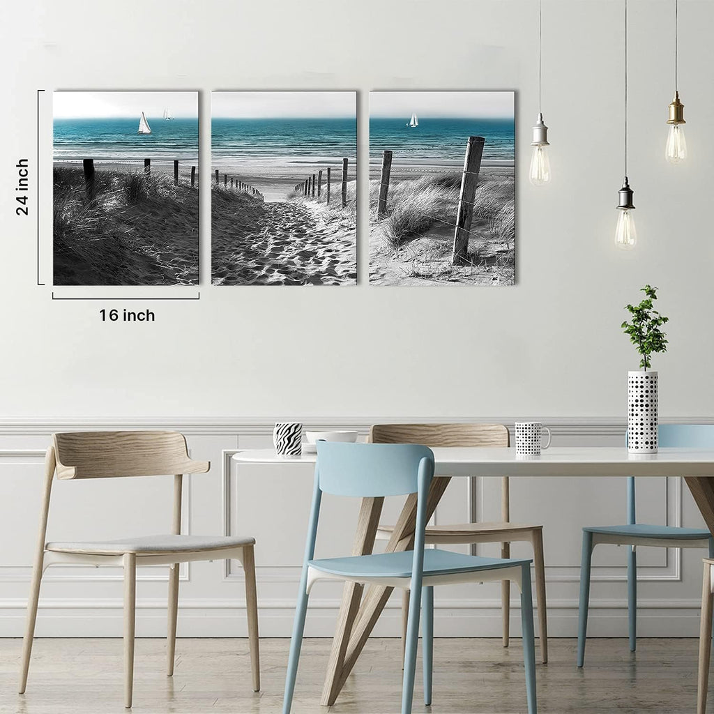 Beach Coastal Wall Art Blue Ocean Landscape Wall Decor for Living Room Bathroom Black and White Scenery Canvas Prints Pictures Seascape Sand Dune Paintings Artwork Office Home Decorations 16x24' 3 Pcs