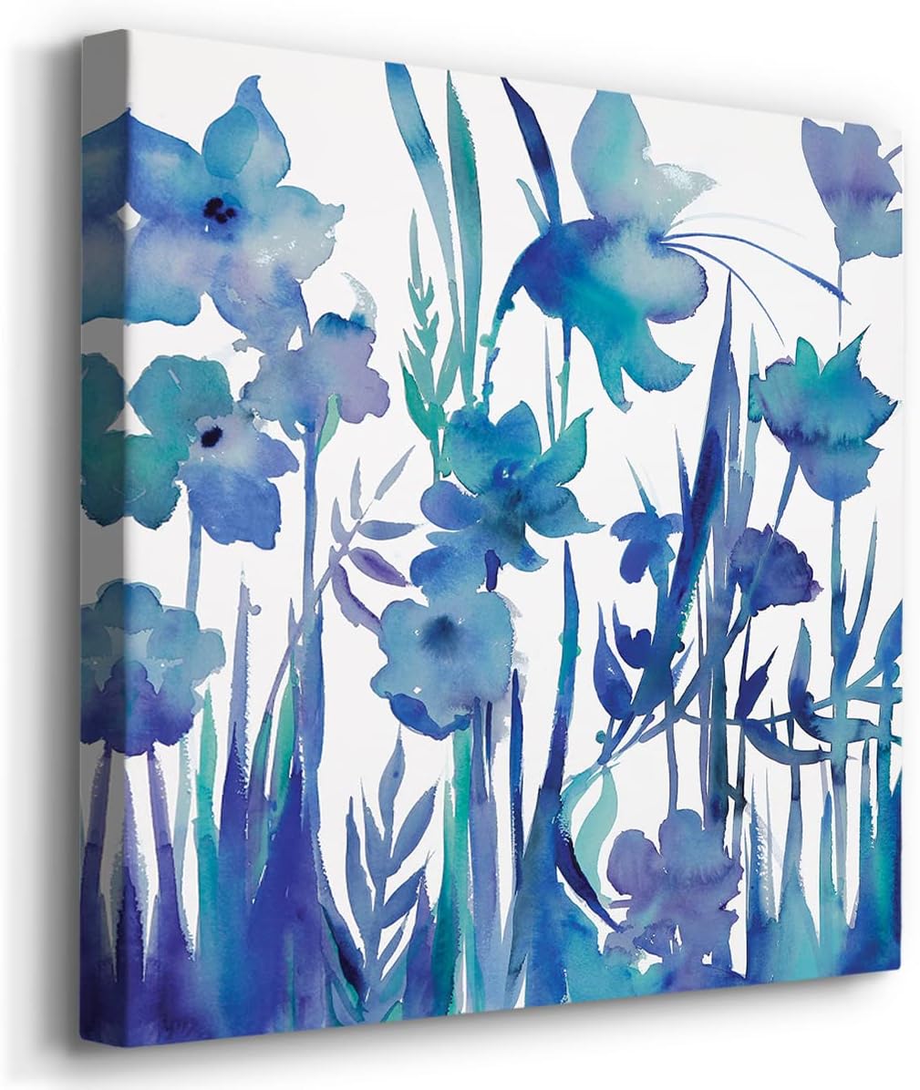 Renditions Gallery Bedroom Wall décor Blue Flower Wall Art 4 Pieces Set, 32 x 32 inches Each, Modern Abstract Painting Canvas Prints Artwork for Home, Office, Cabin, Guest Room