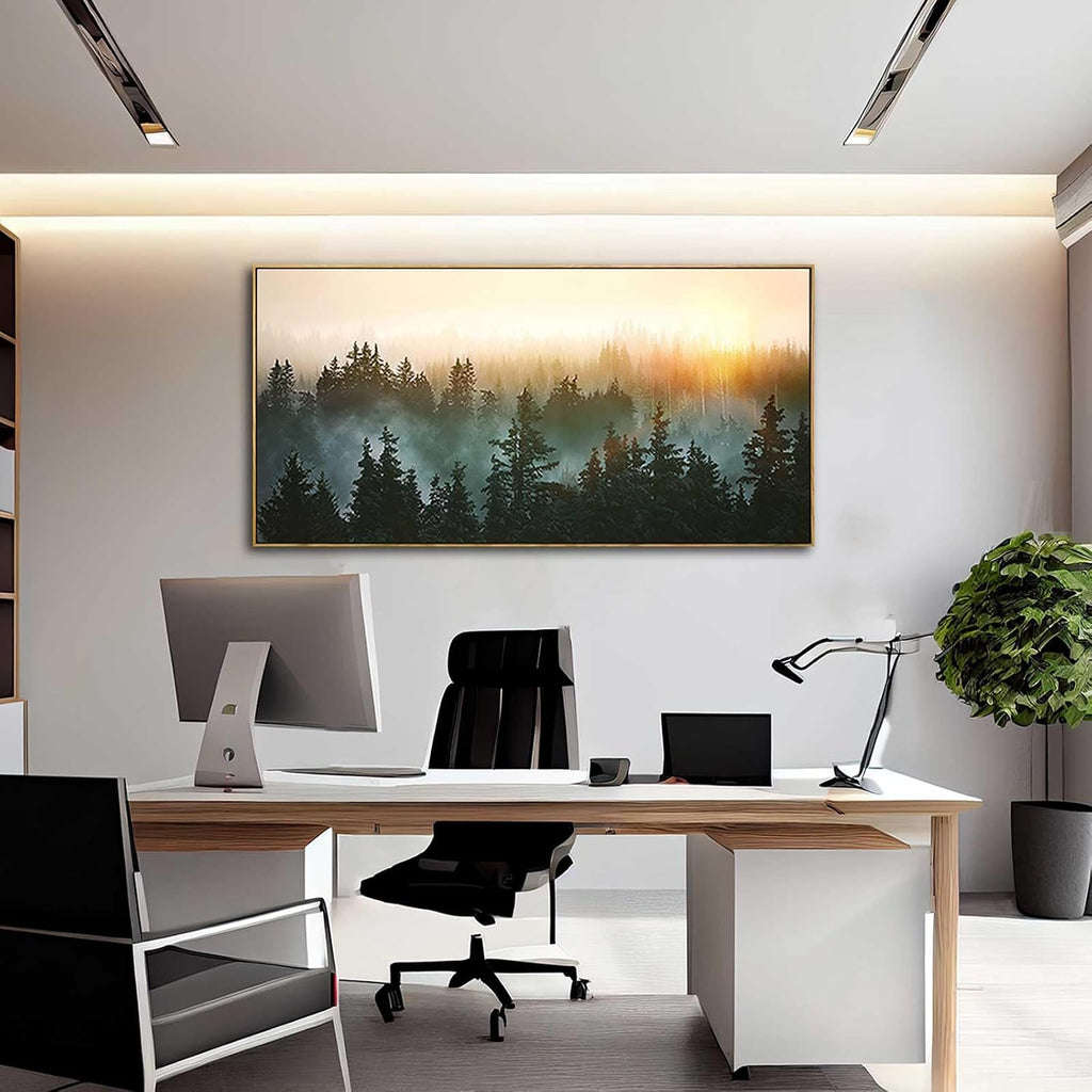 Living Room Wall Art Sunrise Misty Forest 24'x48' Modern Home Wall Decor Plants Wall Decorations Framed Artwork for Bedroom Dining Room Office Hotel