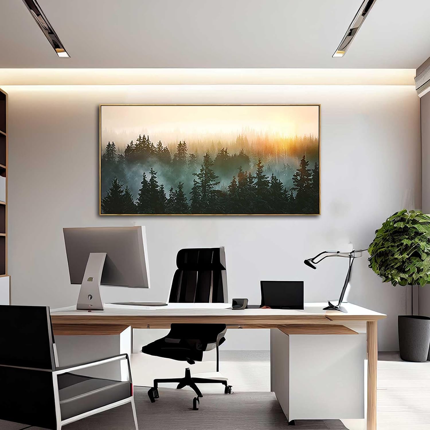 Living Room Wall Art Sunrise Misty Forest 24'x48' Modern Home Wall Decor Plants Wall Decorations Framed Artwork for Bedroom Dining Room Office Hotel