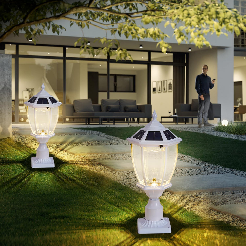 Dusk to Dawn Solar Lamp Post Light with Waterproof, Oil-Rubbed White Solar Pillar Lights with Clear Glass, Aluminum Exterior Pier Lamps for Patio Yard Pathway