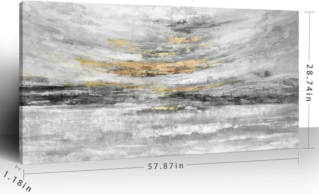 Nicetop 58x29' Modern Minimalist Black & White Abstract Coastal Wall Art with Metallic Gold Accents – Gallery Wrapped Abstract Ocean Waves & Clouds Canvas Art, Ready to Hang for Living Room Wall Decor, Bedroom Wall Art & Office Wall Decor