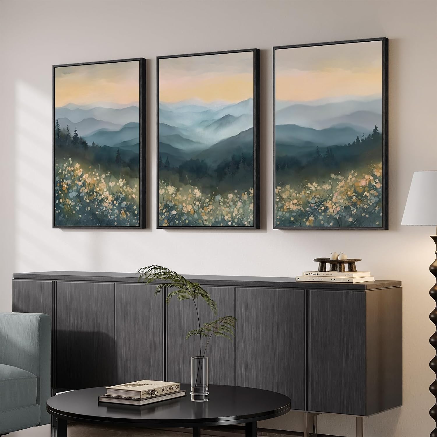 Framed Mountain Landscape Wall Art for Living Room, Large Watercolor Wildflower Scenic Artwork for Walls, 3 Piece Boho Foggy Nature Aesthetic Canvas Painting Print for Bedroom Office Kitchen, 24x36 In