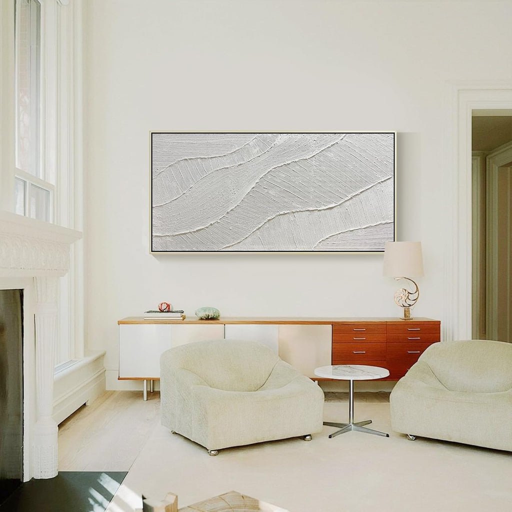 GeekMacro White Hand Painted Abstract Oil Painting Textured Wall Art - Large Framed 58x29 Minimalist Artwork Living Room Bedroom Horizontal Wall Decor
