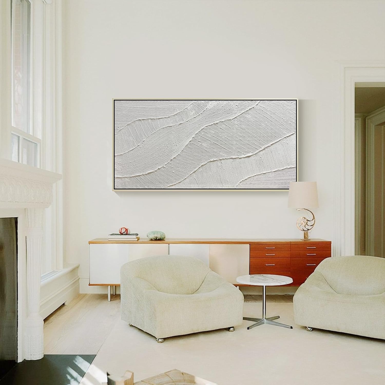GeekMacro White Hand Painted Abstract Oil Painting Textured Wall Art - Large Framed 58x29 Minimalist Artwork Living Room Bedroom Horizontal Wall Decor
