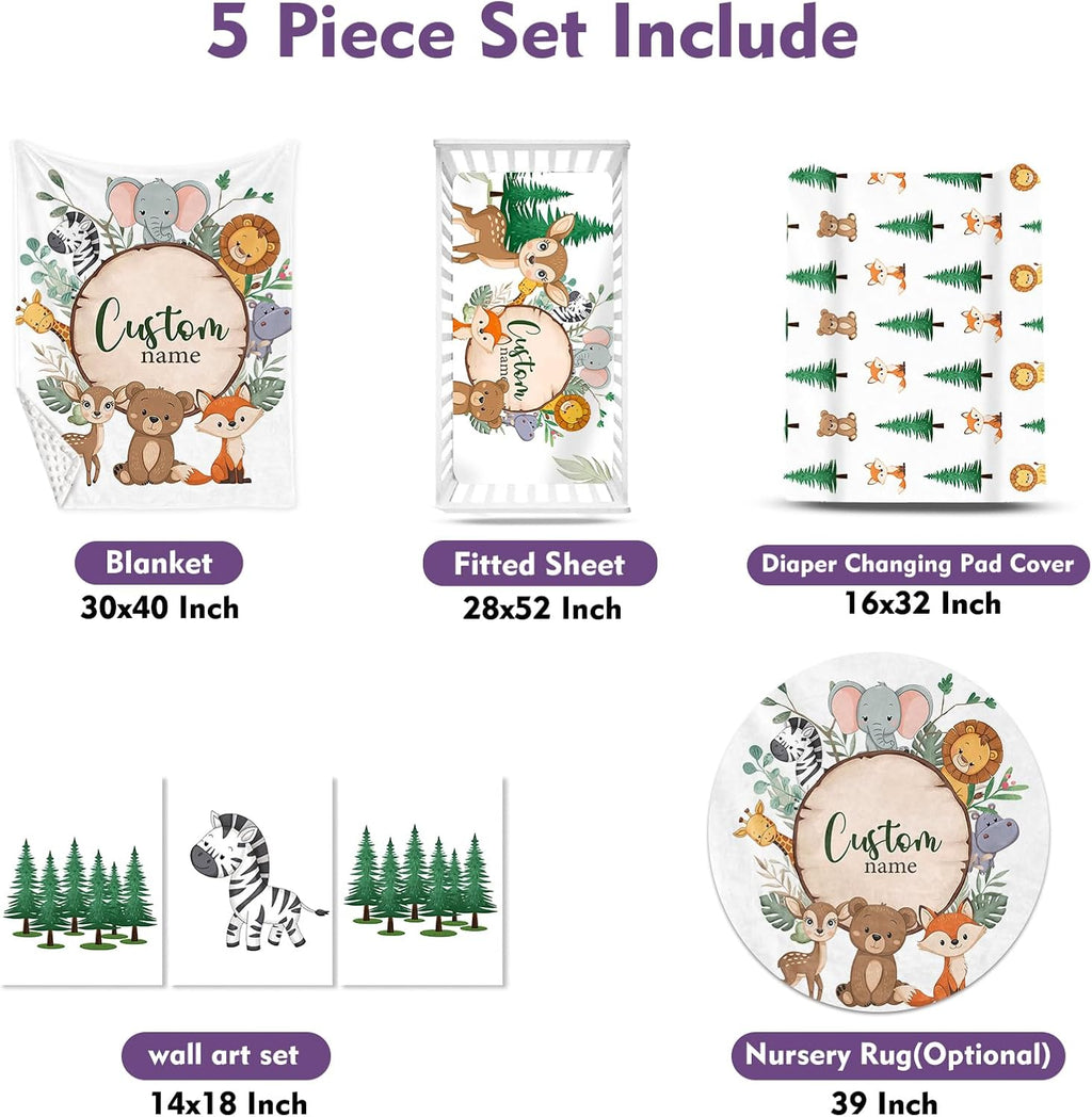 Personalized Nursery Crib Bedding Set: Custom Name 5 Piece Baby Crib Sets with Animal Theme - Toddler Double Layer Blanket Set, Comfortable Crib Bed Sheets for Baby Grils