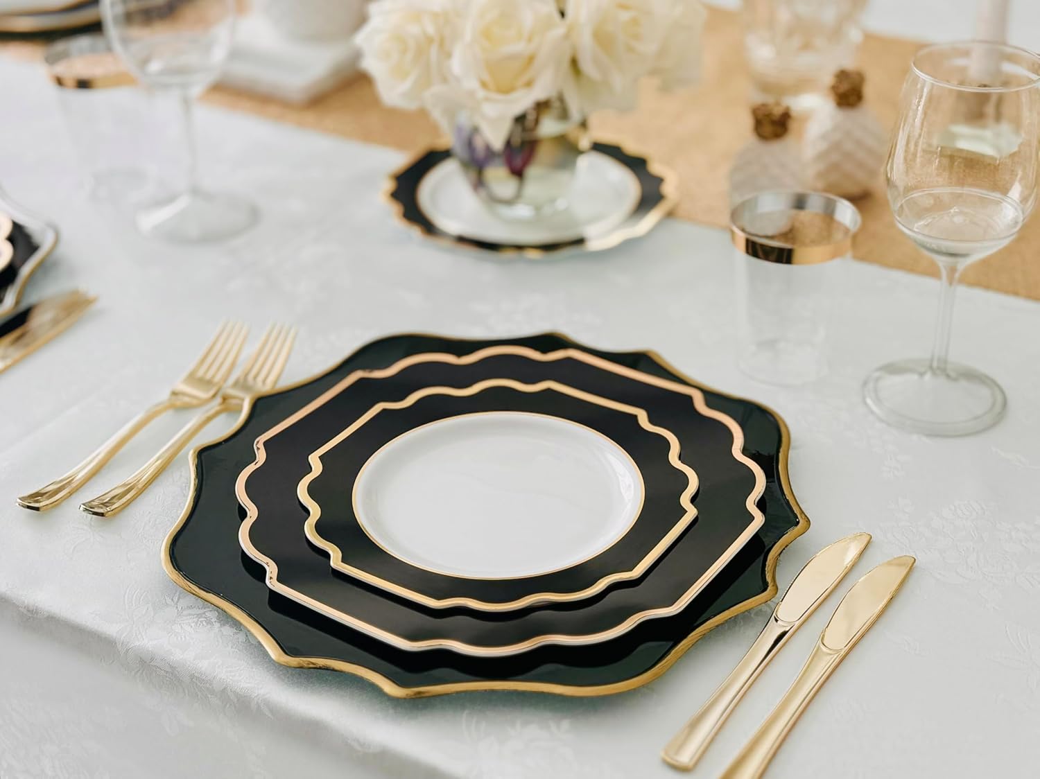 ' OCCASIONS ' 960 Piece set (120 Guests)-Heavyweight Wedding Party Disposable Plastic Plate Set - 120 x 10.5'' + 120 x 8'' + Silverware + Cups + Napkins (Imperial in White & Black & Gold)