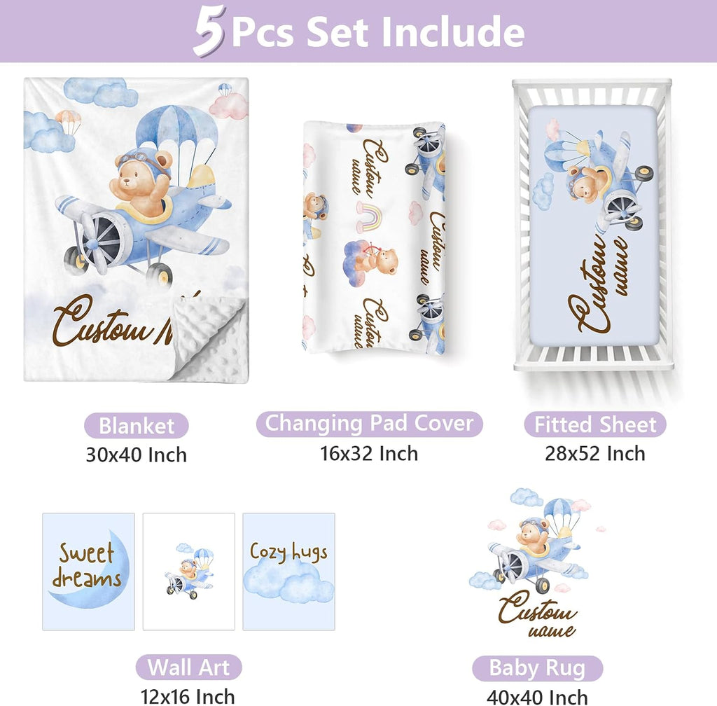 Custom Baby Crib Bedding Set, 5 PCS Personalized Name Baby Crib Sets for Girls Boys, Pilot Bear Theme Nursery Bedding Sets for Infant Toddler, Double Layer Flannel Bed Set Customized Gifts