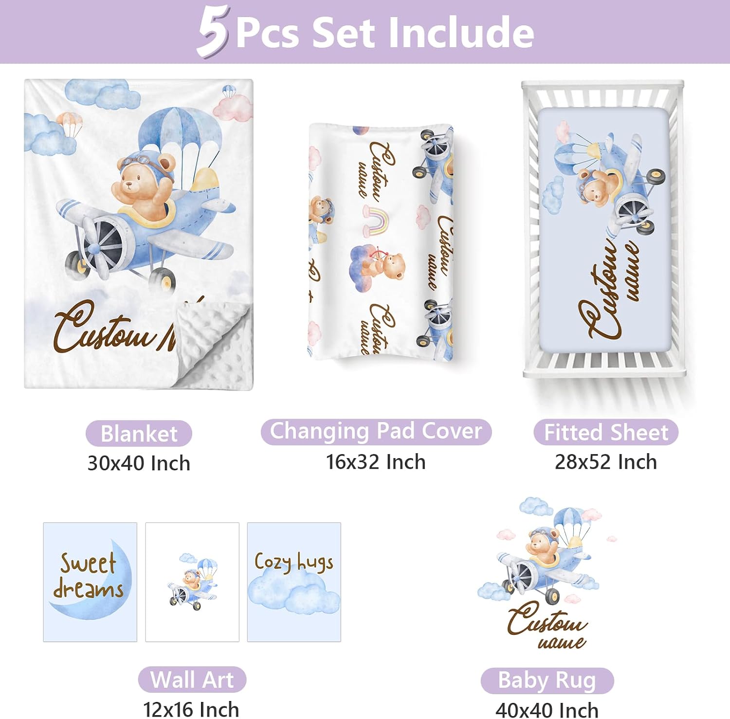 Custom Baby Crib Bedding Set, 5 PCS Personalized Name Baby Crib Sets for Girls Boys, Pilot Bear Theme Nursery Bedding Sets for Infant Toddler, Double Layer Flannel Bed Set Customized Gifts