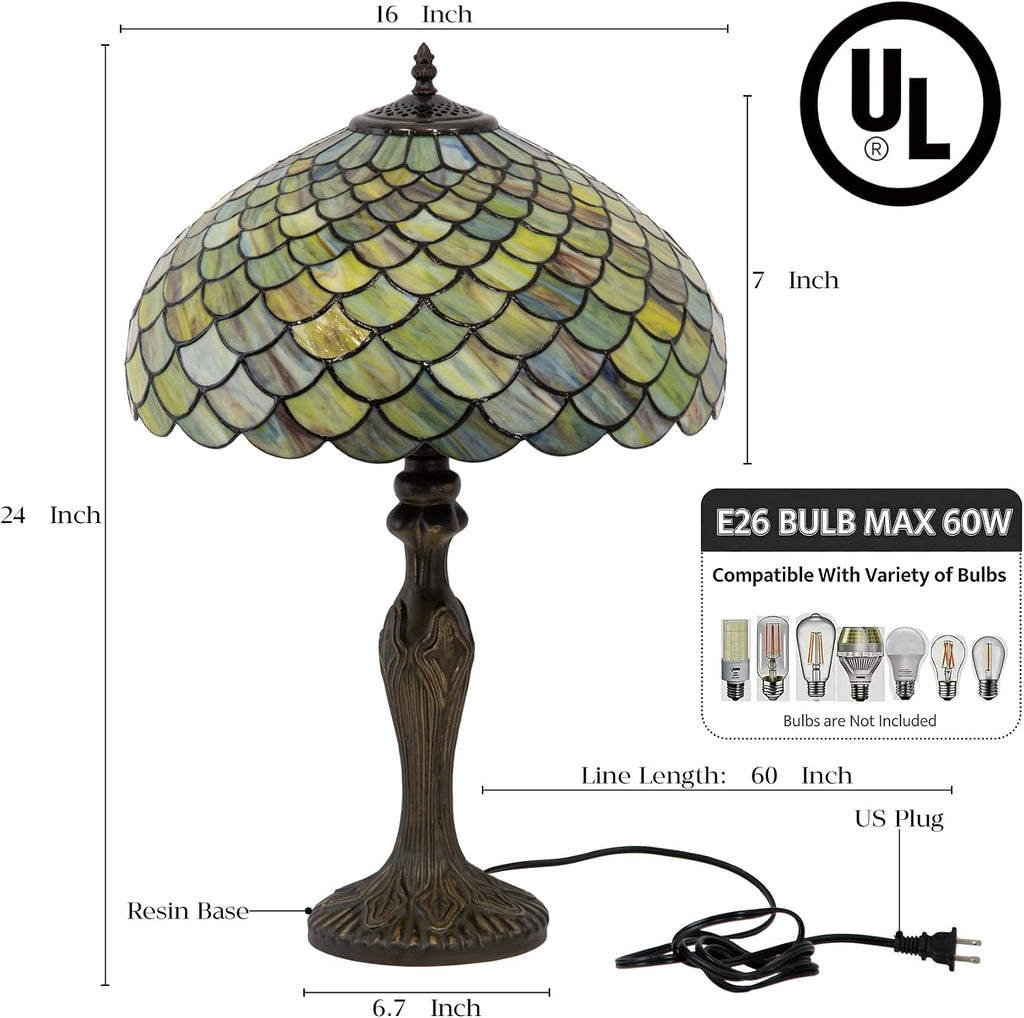 Tiffany Lamp 16' Gradient Green Fish Scales Stained Glass Table Lamp for Large Space Vintage Style Antique Bronze Base Desk Light Decorate Bedside Bedroom Living Room Entry Hallway Home Office