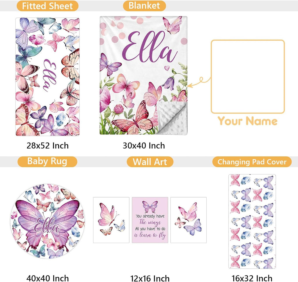 Terwex Personalized Baby Bedding Set, 5 Pcs Custom Infants Bedding Set with Infant Name, Double Layer Nursery Crib Set for Girls Boys, Customized Gifts for Toddler Baby Shower, Pink & Purple Butterfly