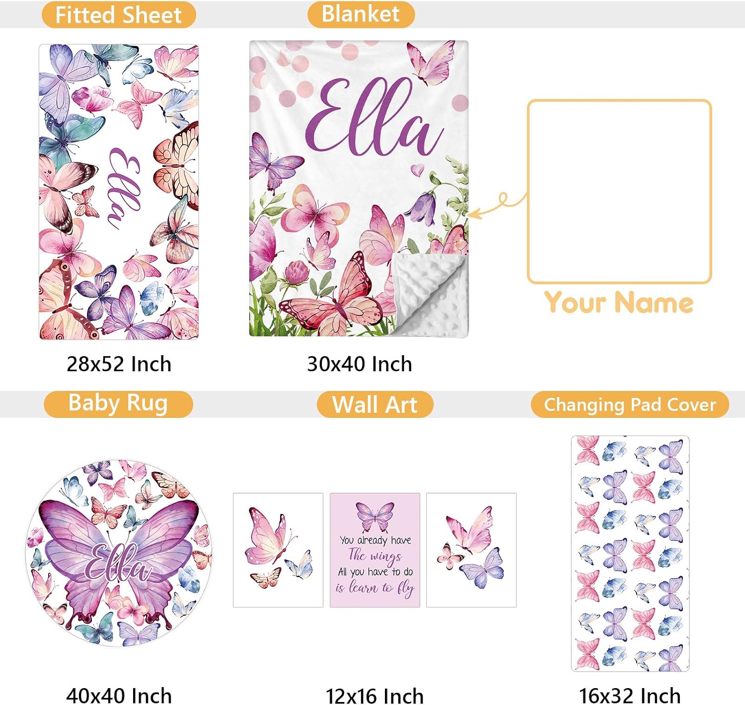 Terwex Personalized Baby Bedding Set, 5 Pcs Custom Infants Bedding Set with Infant Name, Double Layer Nursery Crib Set for Girls Boys, Customized Gifts for Toddler Baby Shower, Pink & Purple Butterfly